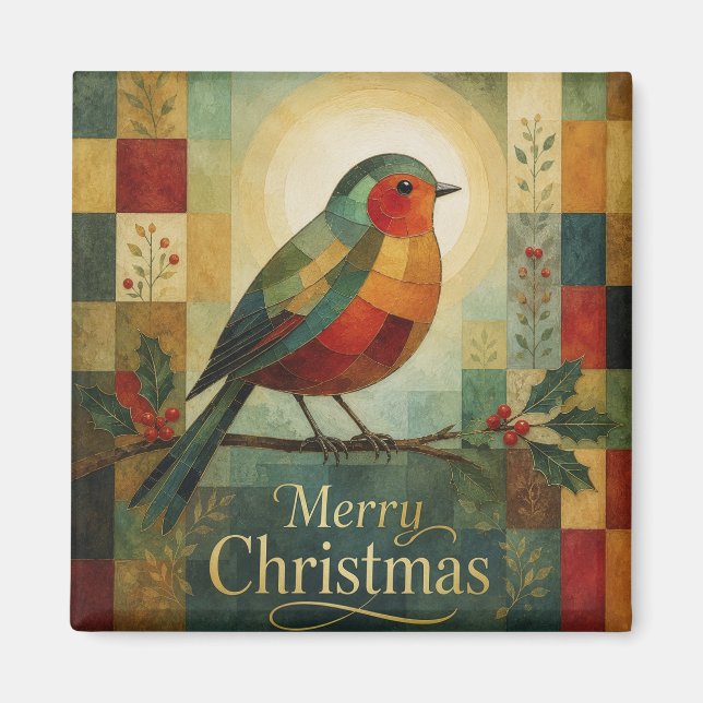 Julmosaik Rödbröstig Fågel och Järnek  Magnet (Framsidan)