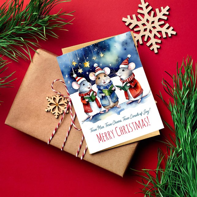 Julmöss i sång som sjunger vattentätt söt vykort (Mice singing Christmas carols starry night watercolor Merry Christmas greetings postcard)