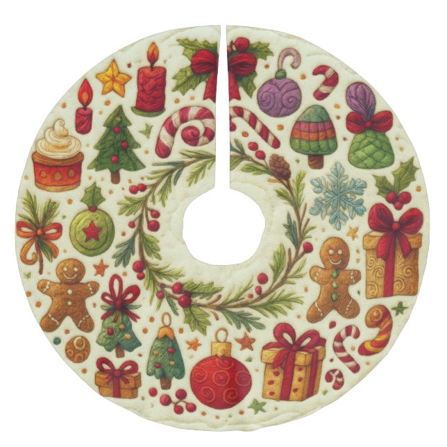 Julmotiferna med Quilt-utseende Julgransmatta Borstad Polyester (Framsidan)