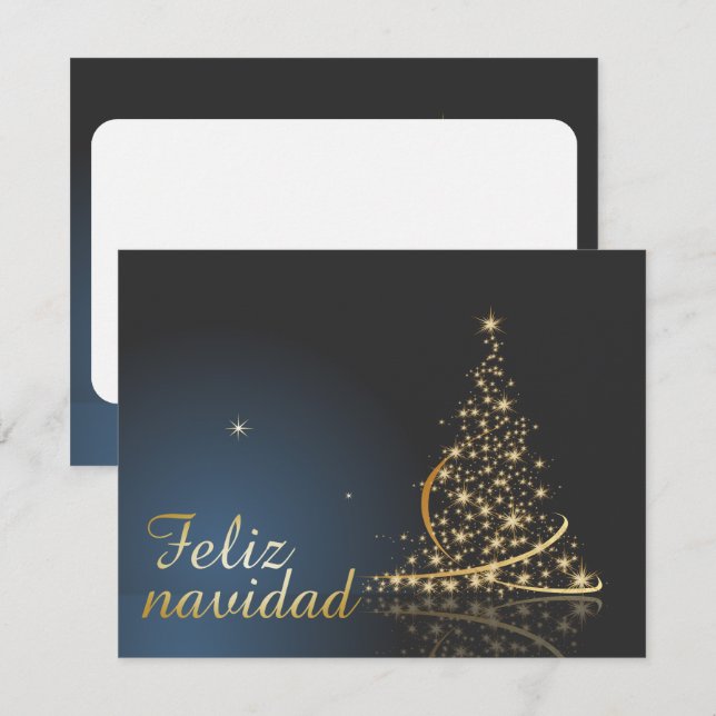 Julmotiv blå med gyllene julgran. inbjudningar (Fram/baksida)