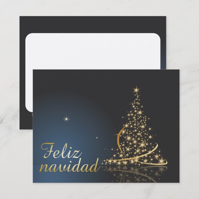 Julmotiv blå med gyllene julgran. inbjudningar (Fram/baksida)