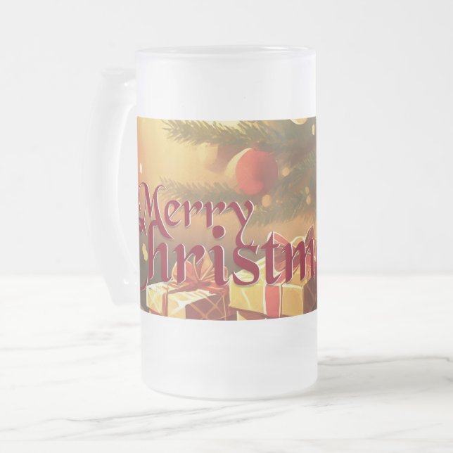 Julmotiv, med presenter under julgranen frostat ölglas (Framsida vänster)