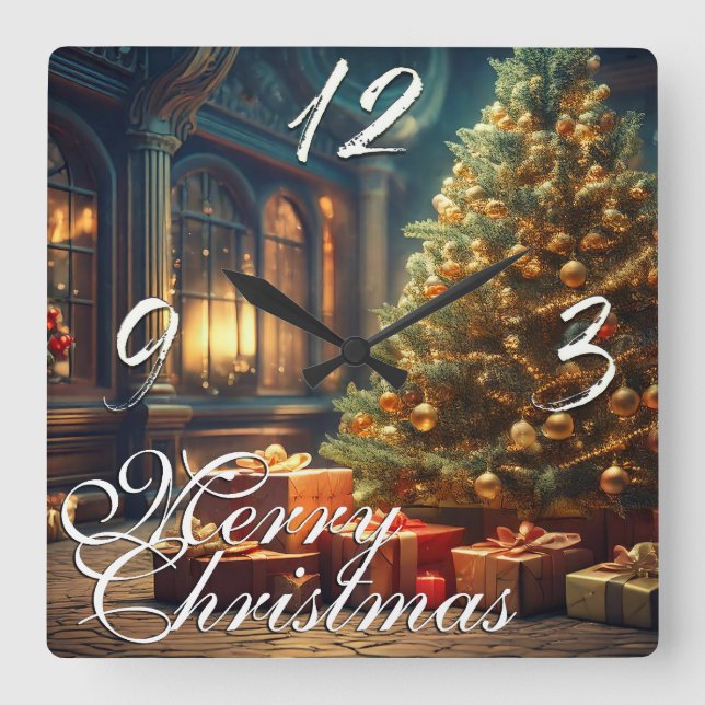 Julmotiv med presenter under julgranen  fyrkantig klocka (Framsida)