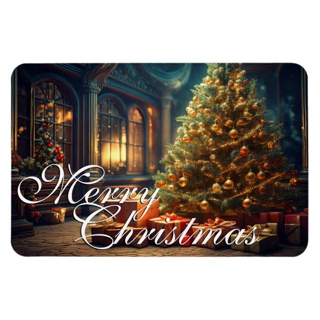 Julmotiv med presenter under julgranen  magnet (Horisontell)
