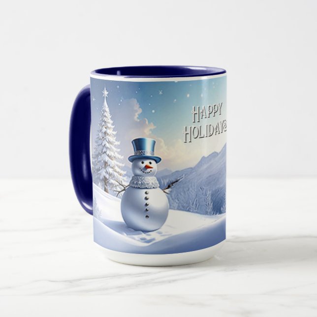 Julmugg med snöman och julgran i blå hatt mugg (Framsida vänster)