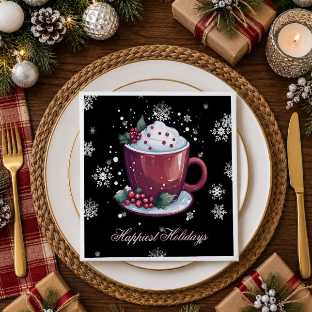 Julmugg varm choklad | Svart Pappersservett (Christmas Cup of Hot Chocolate Black Party Napkins)