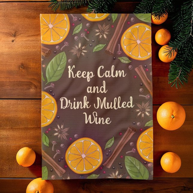 Julmullad, brun vin-krydda kökshandduk (Christmas mulled wine spicy brown kitchen towel)