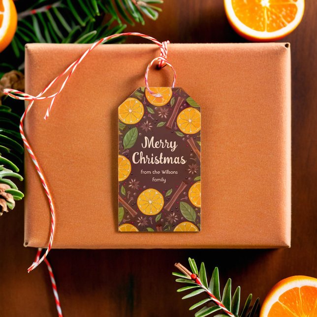 Julmullad, brun vin-krydda presentetikett (Christmas mulled wine spicy brown gift tags)