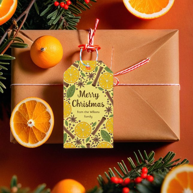 Julmullad, smart gult i vin presentetikett (Christmas mulled wine spicy bright yellow gift tags)