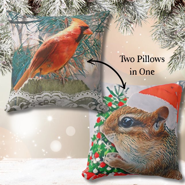 Julmunk och röd kardinal Helgdag Kudde (This cute, double-sided Christmas throw pillow features a beautiful cardinal and cute chipmunk. )