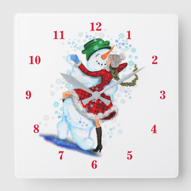Julmurklocka med Snögubbe och flicka Dance Fyrkantig Klocka (Framsida)