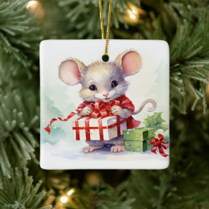 Julmus med gåva julgransprydnad keramik