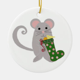 Julmus med grön strumpa julgransprydnad keramik
