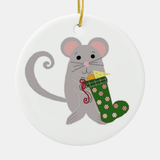 Julmus med grön strumpa julgransprydnad keramik (Framsidan)