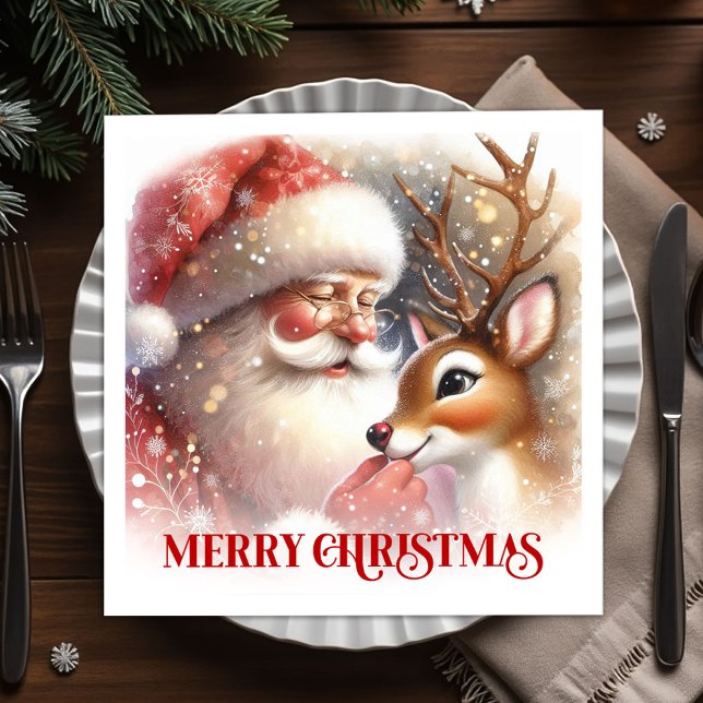 Julnappar med klassisk Tomte Rudolf  Pappersservett (Classic Santa Rudolph Christmas Party Napkins Festive Set)