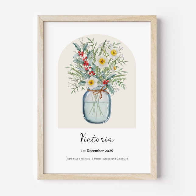 Julnarziss December Födelsedagsblomma Poster (Personalised December Birth Month Flower Bouquet in Vase Poster | Holly and Narcissus.)