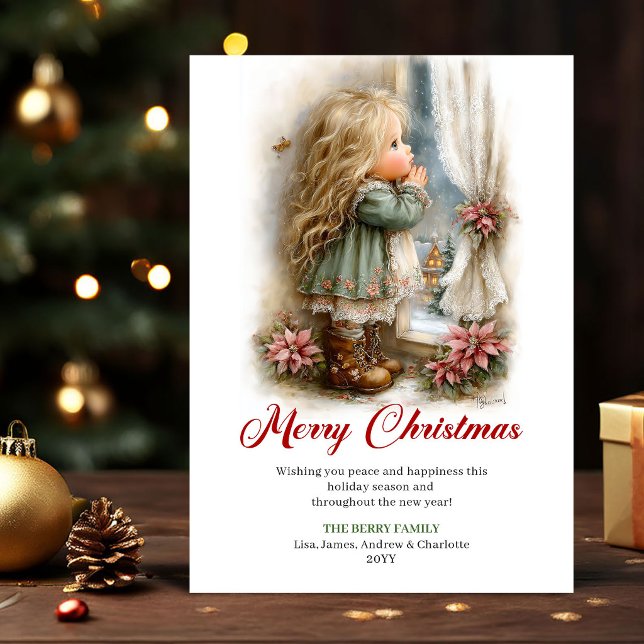 Julnot Söt liten flicka Vinterscen Design Julkort (Christmas Note Cute Little Girl Winter Scene Design)