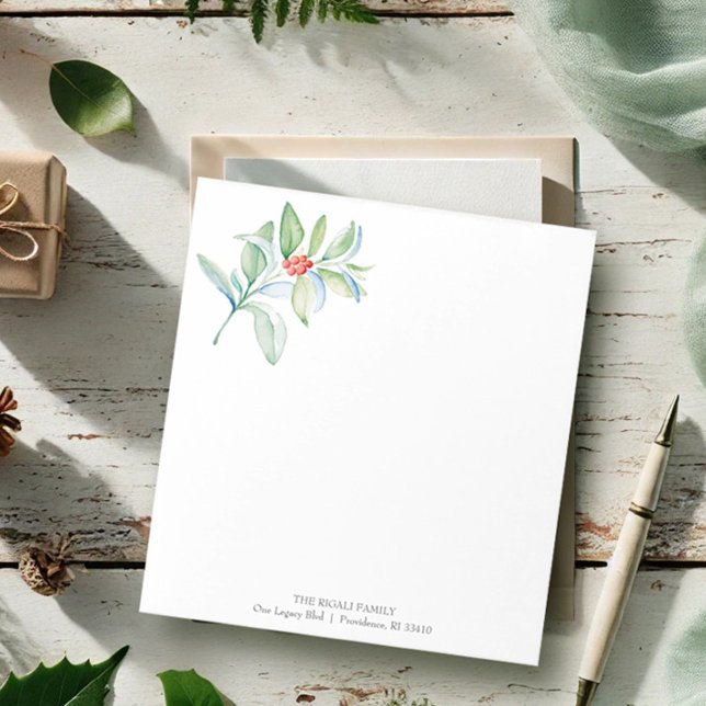 Julnotisblock Vattenfärg Röd & Grön Botanic Anteckningsblock (Personalized Christmas notepads watercolor red & green botanical art by Victoria Grigaliunas)