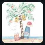 Julön Handflatan Surfan Santa Tropical Beach Fyrkantigt Klistermärke<br><div class="desc">Juldekal (eller kuvertsälar) i surfa har en handflatan träd (dekorerad med prydnadsföremål och ljus) på en tropisk ö med en ytskiva,  helgdag,  stjärnfisk och sjöfåglar. Art av KL Lagrar</div>