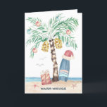 Julön Handflatan Surfan Santa Tropical Beach Helgkort<br><div class="desc">Julkortet för persikotemat har ett handflatan träd Julgran (dekorerat med prydnadsföremål och ljus) på en tropisk ö med en julhatt på en ytakbräda,  en gåva,  stjärnfisk,  vinkar hav,  sjöfåglar och ett "varmt Önskemål"-Julhälsningar. Insidan av hälsning och namn kan vara personlig. Art av KL Lagrar</div>