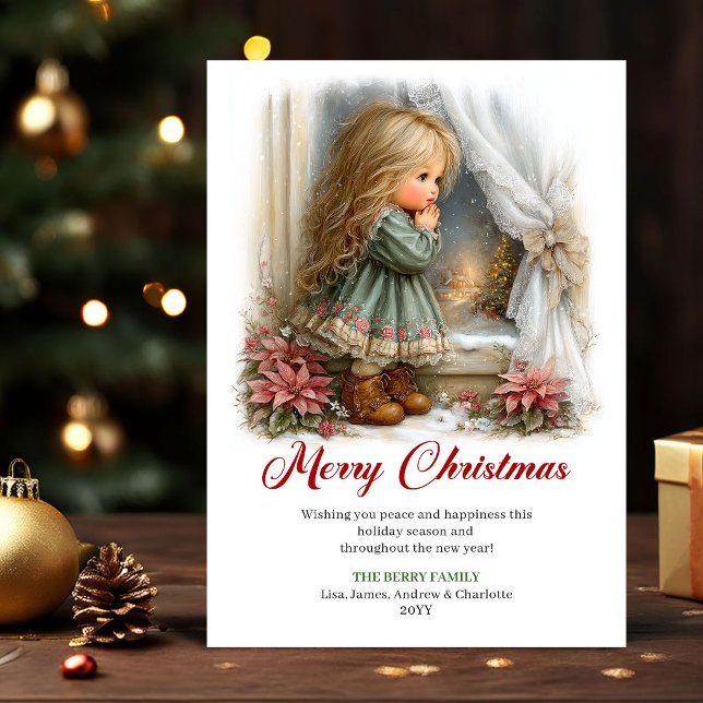 Julönskningar Söt Liten Flicka Vinterscen Design Julkort (Xmas Wishes Cute Little Girl Winter Scene Design)