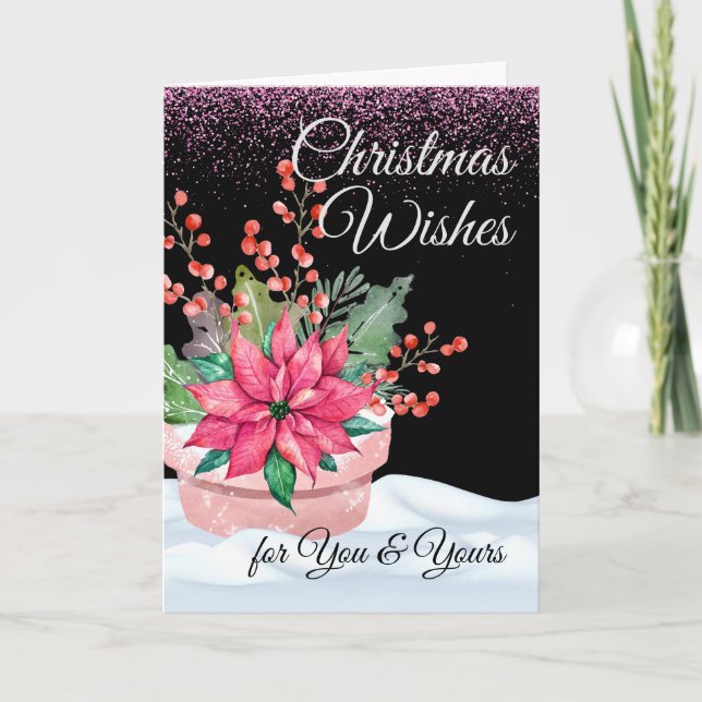 Julönskningar till dig och dina i rosa och grönt  kort (Framsida)