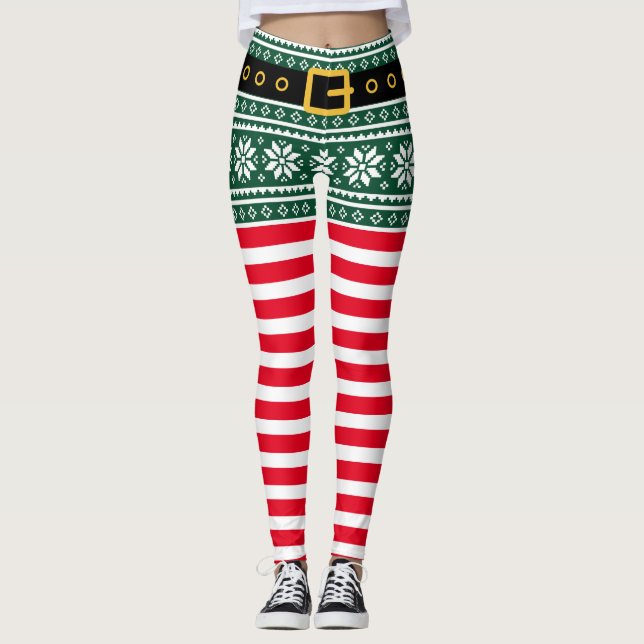 Julörnröd och grönt rå snowflingtryck leggings (Framsida)