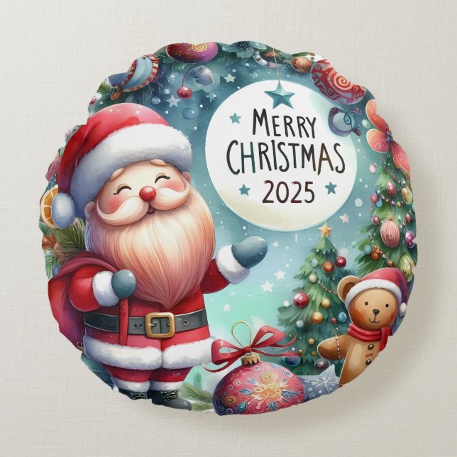 Julpåfyllning med färgad Snögubbe och prydnadsföre Rund Kudde (Framsidan)