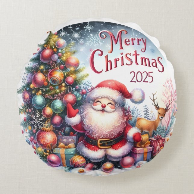 Julpåfyllning med färgad Snögubbe och prydnadsföre Rund Kudde (Framsidan)