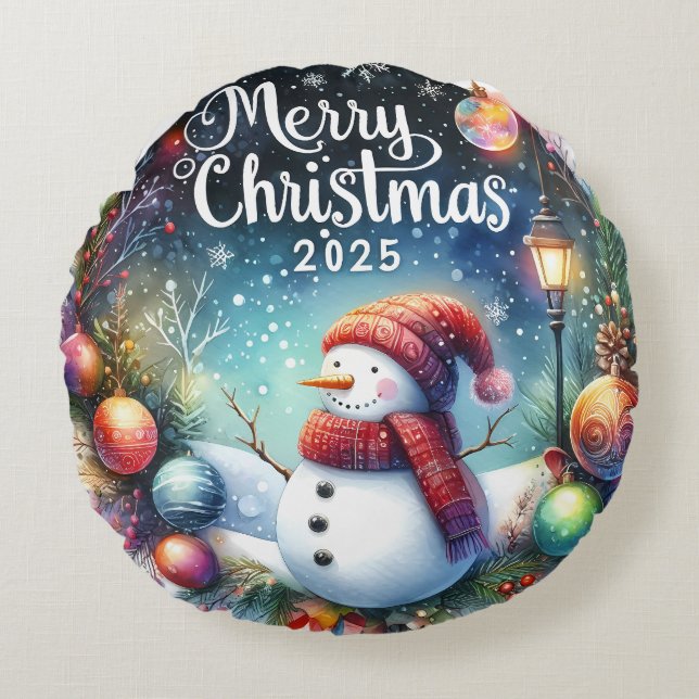 Julpåfyllning med färgad Snögubbe och prydnadsföre Rund Kudde (Framsidan)