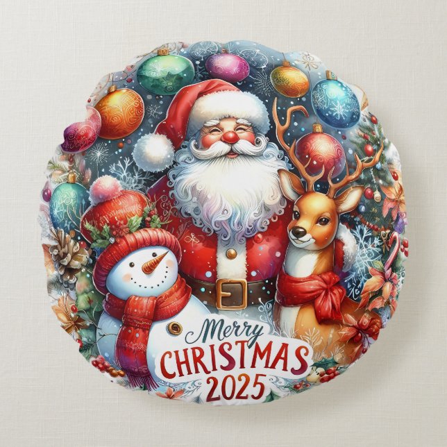 Julpåfyllning med färgad Snögubbe och prydnadsföre Rund Kudde (Framsidan)