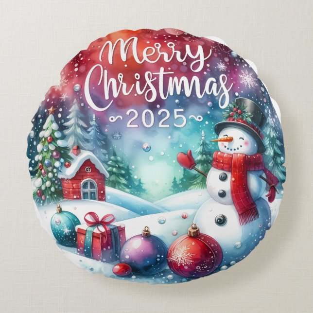 Julpåfyllning med färgad Snögubbe och prydnadsföre Rund Kudde (Framsidan)