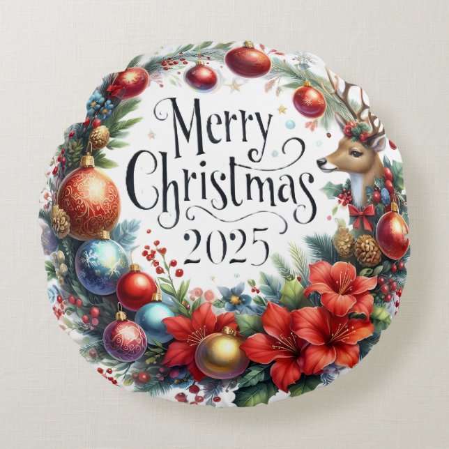 Julpåfyllning med färgad Snögubbe och prydnadsföre Rund Kudde (Framsidan)