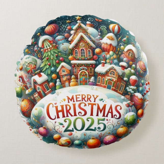 Julpåfyllning med färgad Snögubbe och prydnadsföre Rund Kudde (Framsidan)