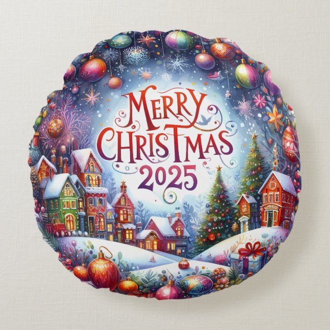 Julpåfyllning med färgad Snögubbe och prydnadsföre Rund Kudde (Framsidan)