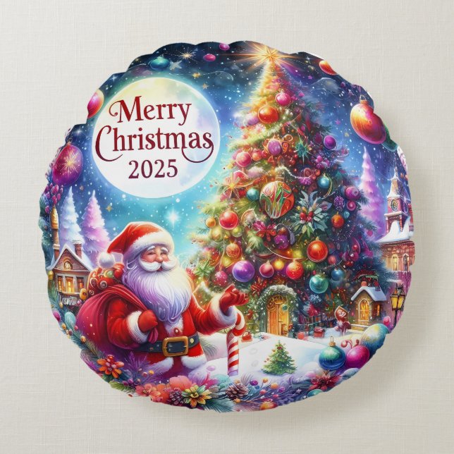 Julpåfyllning med färgad Snögubbe och prydnadsföre Rund Kudde (Framsidan)