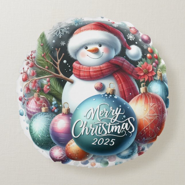 Julpåfyllning med färgad Snögubbe och prydnadsföre Rund Kudde (Framsidan)