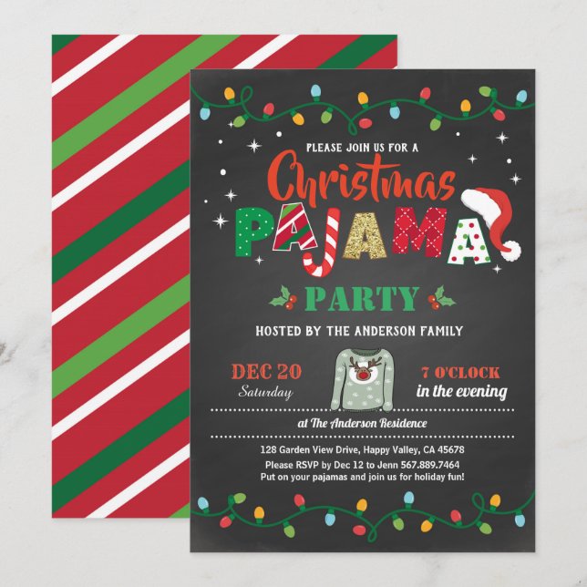 Julpajama party julfest-chalkboard inbjudningar (Fram/baksida)