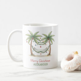 Julpalmer vid kusten med hängmatta kaffemugg