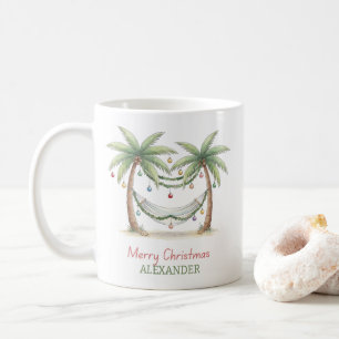 Julpalmer vid kusten med hängmatta kaffemugg