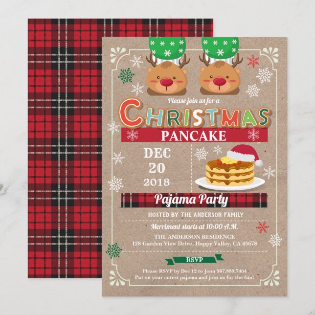 Julpanaka och pajama party barns födelsedag inbjudningar (Fram/baksida)