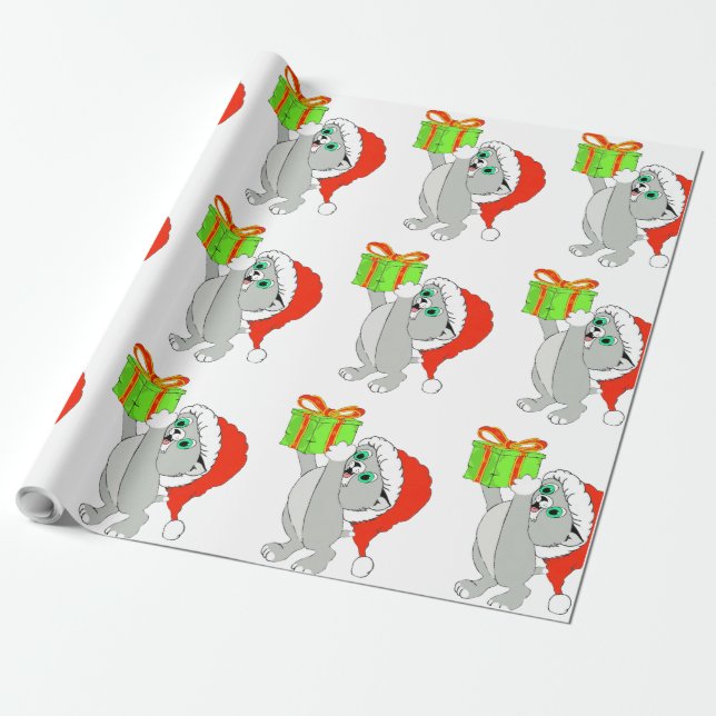 Julpapper med Katt som har en Present (Utrullad)