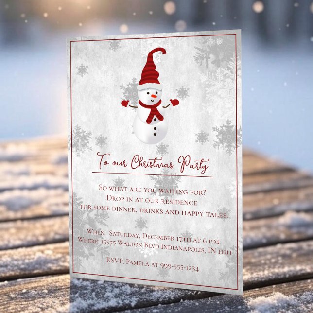 Julpartiets inbjudan Red Cute Snögubbe (Red Cute Snowman Christmas Party Invitation)