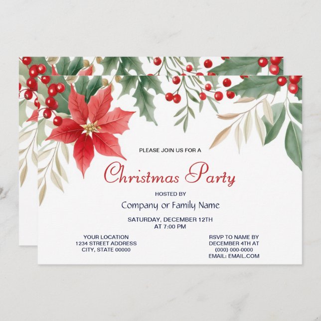 Julpartiets inbjudan Red Poinsettia (Fram/baksida)