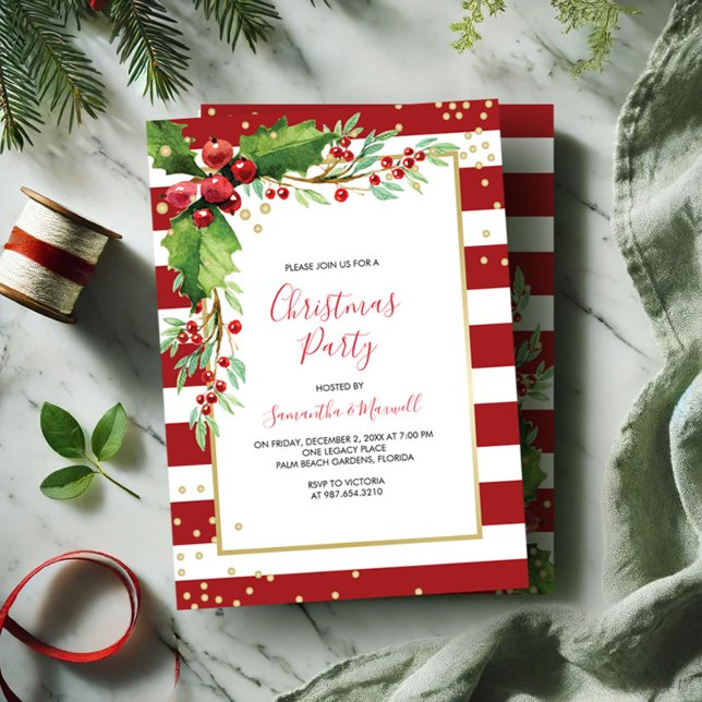 Julpartiets inbjudan - Röda Rand (Xmas party invitation template red and green botanical design.)