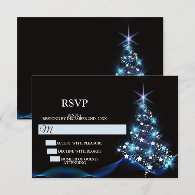 Julparty Blå Blank Träd Svart Elegant OSA Kort (Fram/baksida)