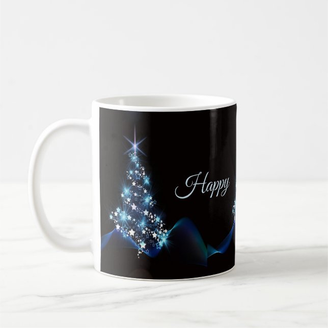 Julparty Blå Träd Glänsande Svart Elegant Kaffemugg (Vänster)