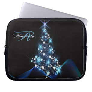 Julparty Blå Träd Glänsande Svart Elegant Laptop Fodral