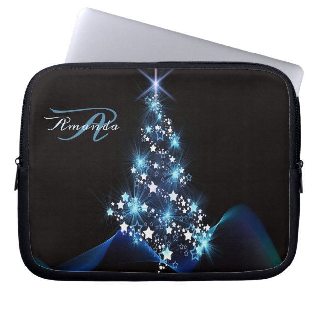 Julparty Blå Träd Glänsande Svart Elegant Laptop Fodral (Framsidan)
