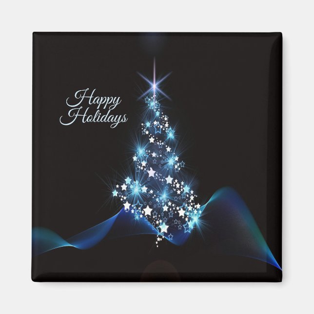Julparty Blå Träd Glänsande Svart Elegant Magnet (Framsidan)